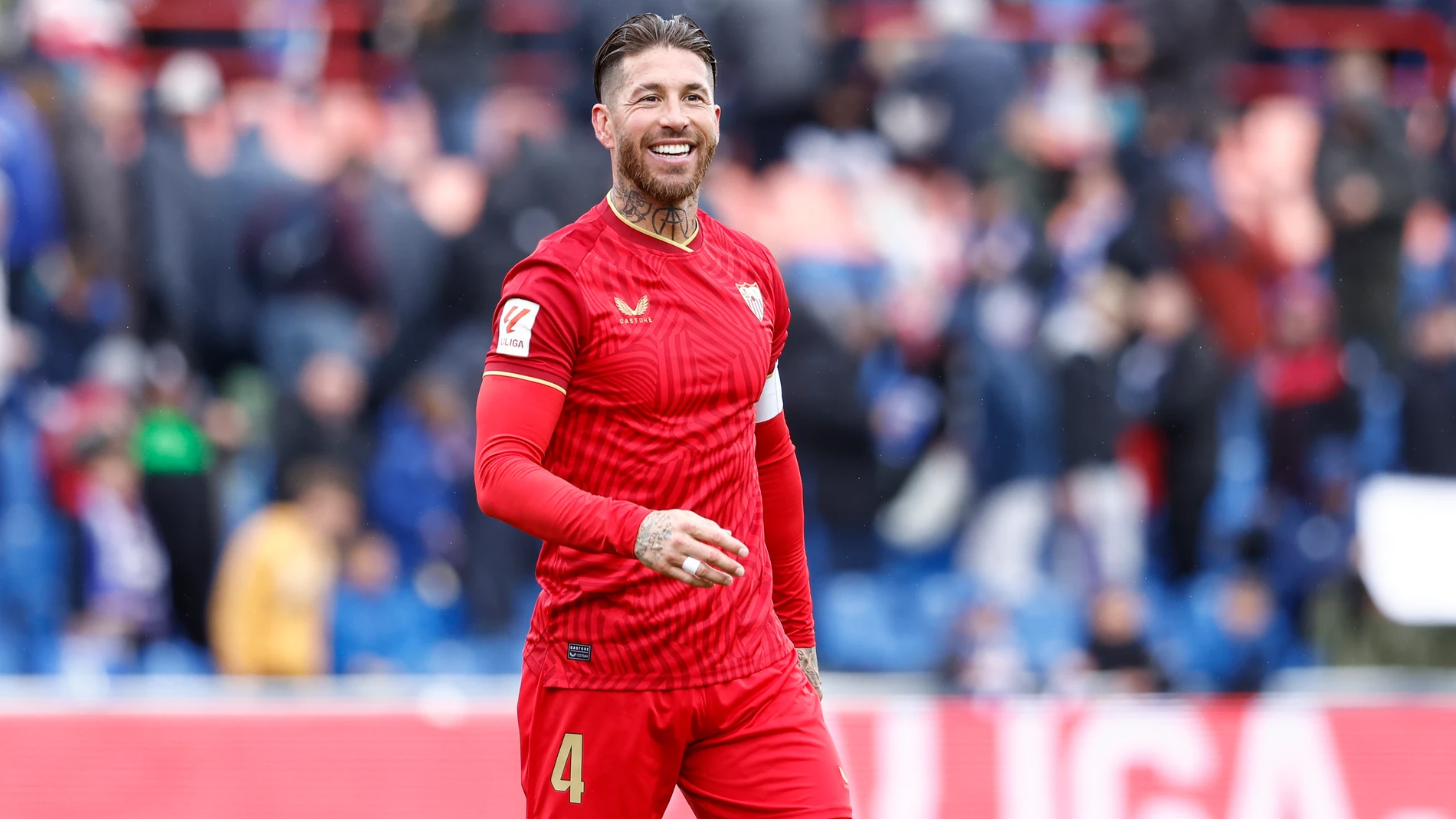 Sergio Ramos of Sevilla FC celebrates the victory Sergio Ramos and Oliver Torres of Sevilla FC celebrates the victory during the Spanish League, LaLiga EA Sports, football match played between Getafe CF and Sevilla FC at Coliseum de Getafe stadium on March 30, 2024, in Getafe, Madrid, Spain. AFP7 30/03/2024 ONLY FOR USE IN SPAIN