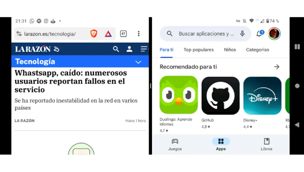 Pantalla dividida con dos apps abiertas en un móvil Android.