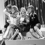 In this April 6, 1974 file photo, Swedish pop group ABBA celebrate winning the 1974 Eurovision Song Contest on stage at the Brighton Dome in England with their song Waterloo. 