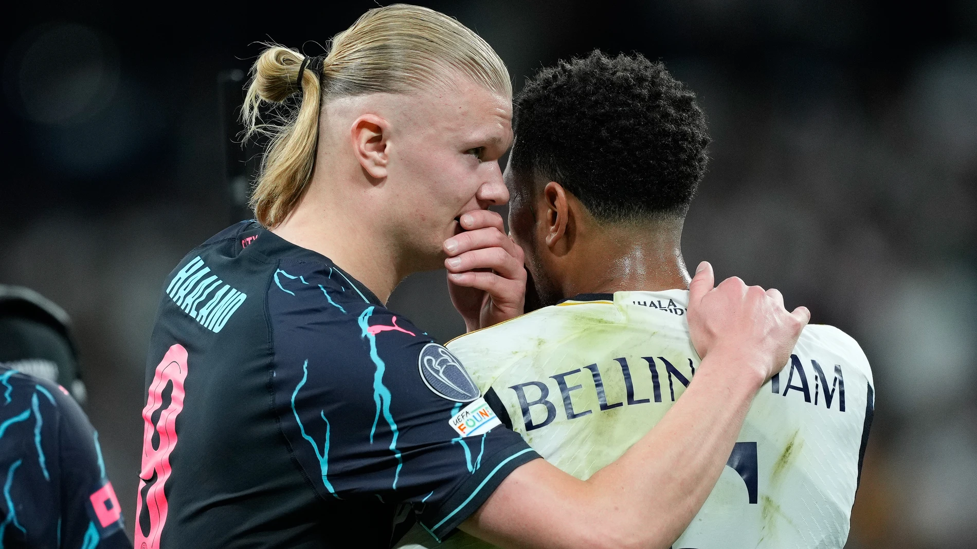 Erling Haaland of Manchester City talks to Jude Bellingham of Real Madrid during the UEFA Champions League, Quarter finals, football match played between Real Madrid and Manchester City at Santiago Bernabeu stadium on April 9, 2024, in Madrid, Spain. AFP7 09/04/2024 ONLY FOR USE IN SPAIN