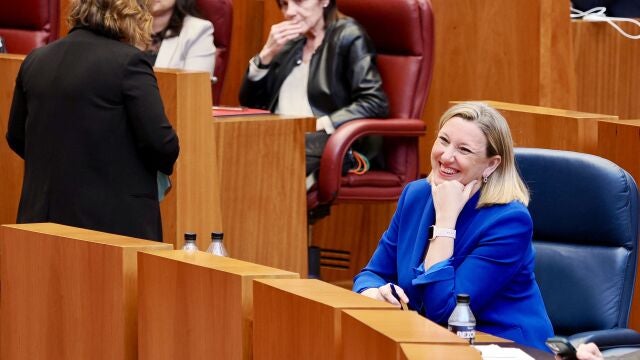 La consejera de Familia e Igualdad de Oportunidades, Isabel Blanco, sonríe durante la sesión plenaria tras aprobarse la normativa