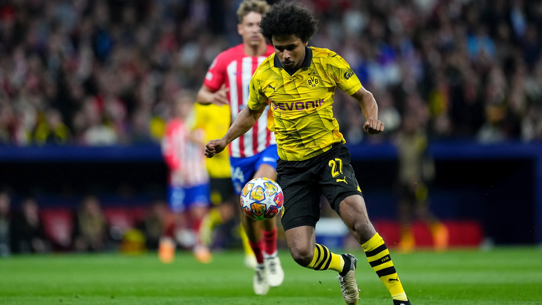 Karim Adeyemi of Borussia Dortmund in action during the UEFA Champions League, Quarter finals, football match played between Atletico de Madrid and Borussia Dortmund at Civitas Metropolitano stadium on April 10, 2024, in Madrid, Spain. AFP7 10/04/2024 ONLY FOR USE IN SPAIN