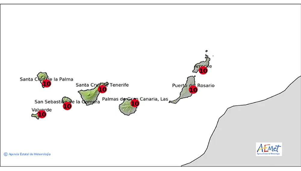 Mapa del índice ultravioleta (UVI) en Canarias
