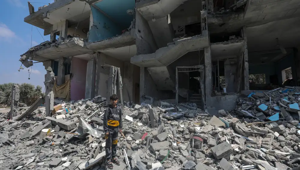 Destruction in Al Maghazi refugee camp following Israeli air strikes in central Gaza Strip