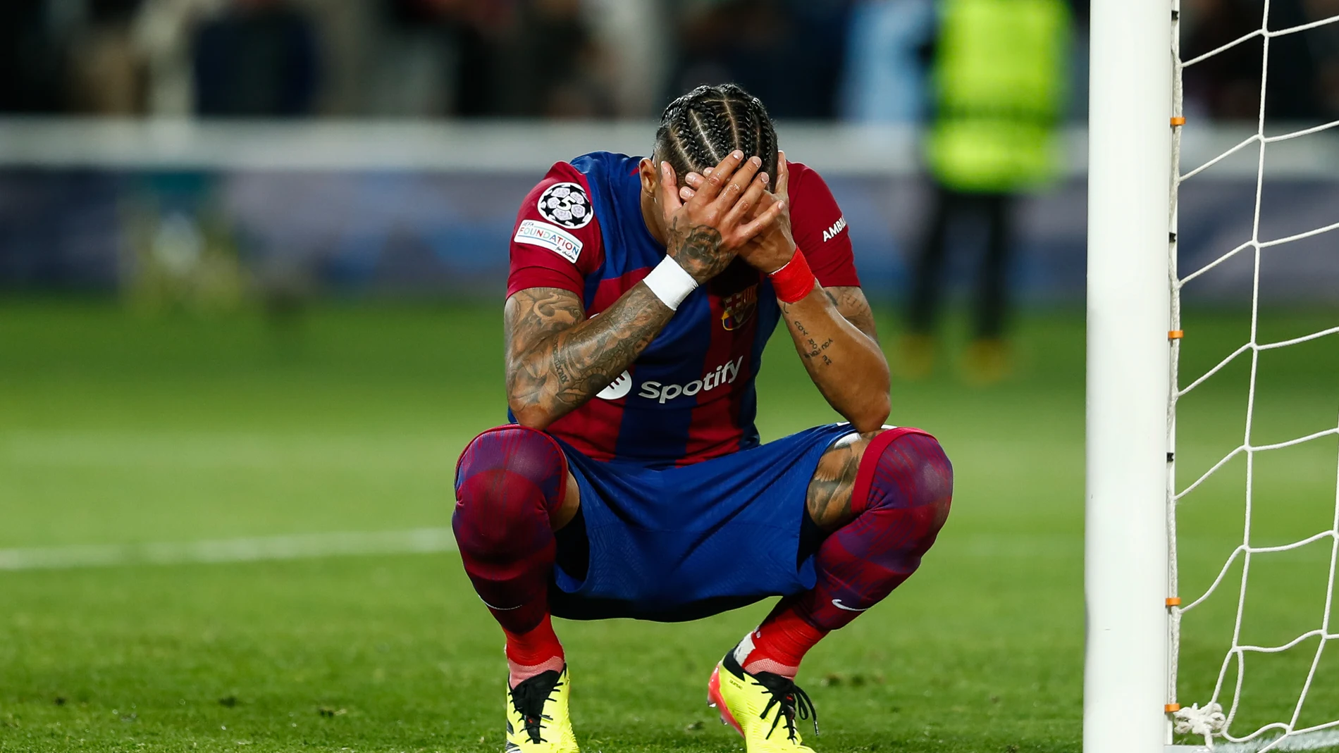 Raphinha of FC Barcelona lamenting during the UEFA Champions League, Quarter-final Second Leg, match played between FC Barcelona and Paris Saint-Germain FC at Estadio Olimpico de Montjuic on April 16, 2024, in Barcelona, Spain. AFP7 16/04/2024 ONLY FOR USE IN SPAIN