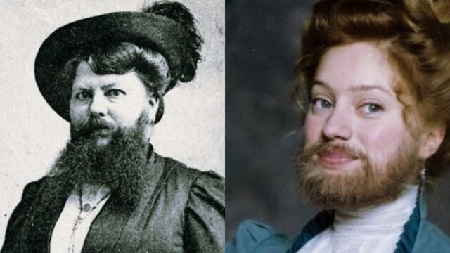 En la imagen de arriba, Nadia Tereszkiewicz interpreta en la película «Rosalie» a Clémentine Delait (izquierda), quien poseía una robusta barba