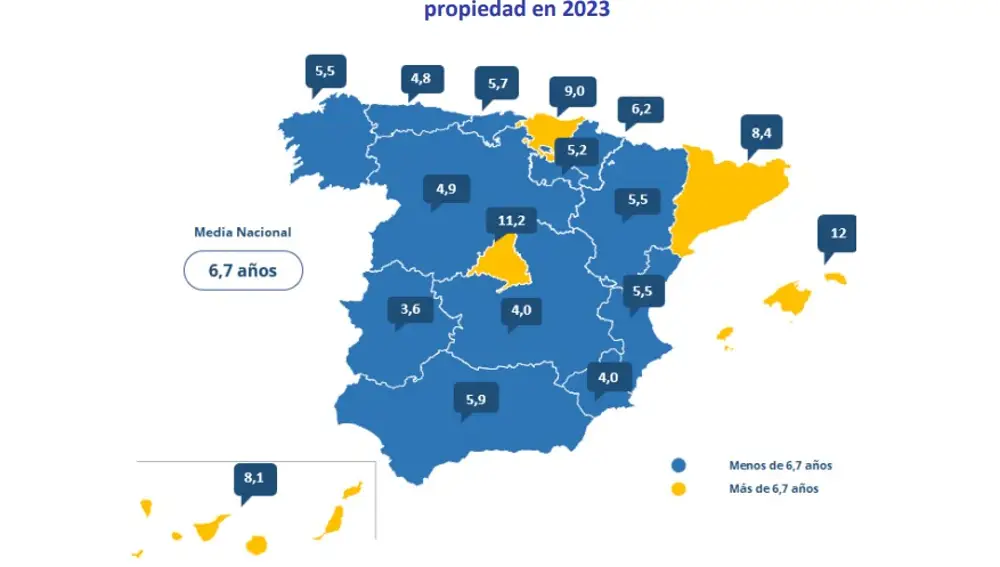 Regiones con años de salarios brutos destinados al pago de la vivienda en propiedad en 2023