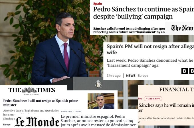 Sánchez y titulares de medios internacionales tras su anuncio de seguir al frente de Gobierno