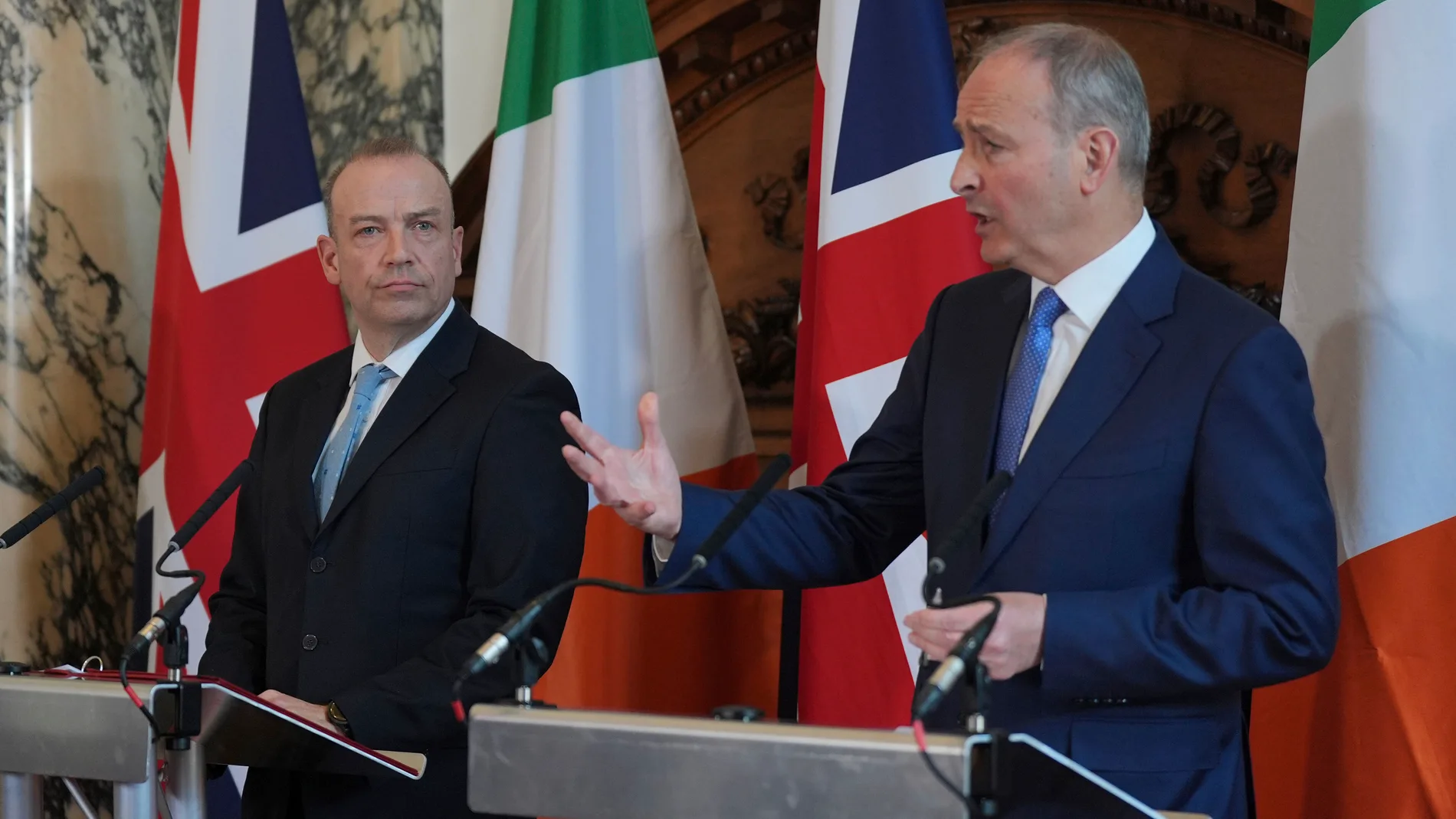 Northern Ireland Secretary Chris Heaton-Harris, left, and Tanaiste Micheal Martin hold a joint press conference during the British-Irish intergovernmental conference at 100 Parliament Street in London, Monday April 29, 2024. Established under Strand 3 of the Belfast (Good Friday) Agreement, the British-Irish Intergovernmental Conference is a bilateral forum, aiming to take place three times per year, to bring together the British and Irish Governments to promote cooperation at all levels on a...