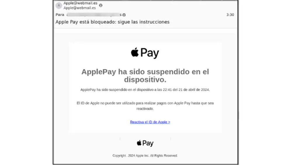 Mail phishing suplantando a Apple. 