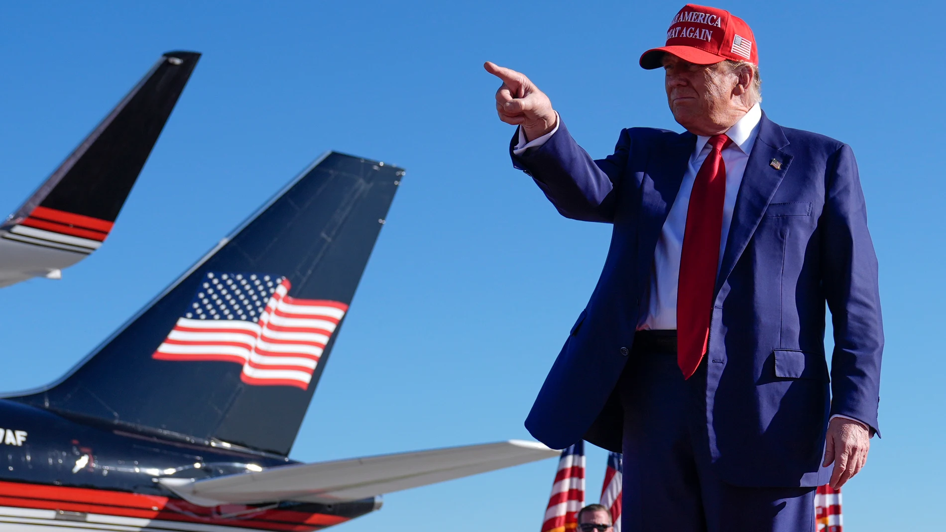 Republican presidential candidate former President Donald Trump gestures at a campaign rally in Freeland, Mich., Wednesday, May 1, 2024. (AP Photo/Paul Sancya)