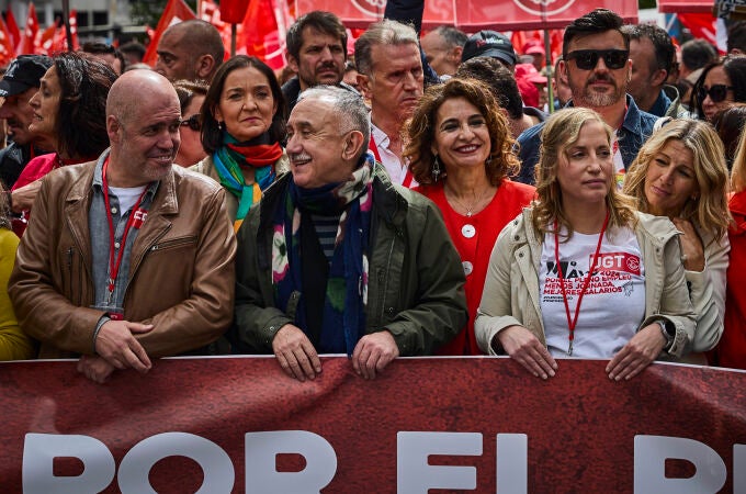Manifestación convocada por los dos grandes sindicatos, CCOO y UGT, este miércoles en Madrid, en un Primero de Mayo que tiene como lema 'Por el pleno empleo: reducir jornada, mejorar salarios’. 