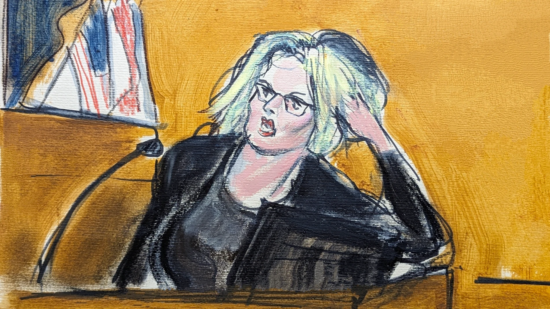 Stormy Daniels testifies in Manhattan criminal court, Tuesday, May 7, 2024, in New York, about the encounter in former President Donald Trump's hotel penthouse, showing how she found Trump in his bedroom lying on his bed. (Elizabeth Williams via AP)