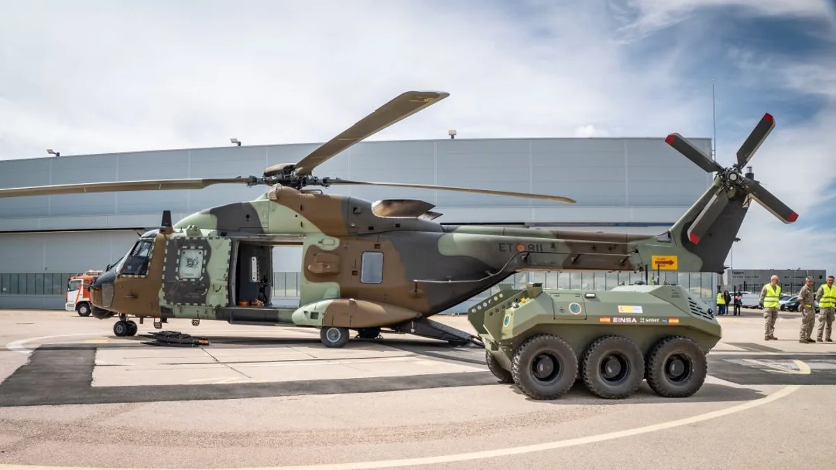El Ejército de Tierra prueba con éxito a embarcar el vehículo autónomo UGV Alano de apoyo a la Infantería en un helicóptero NH90
