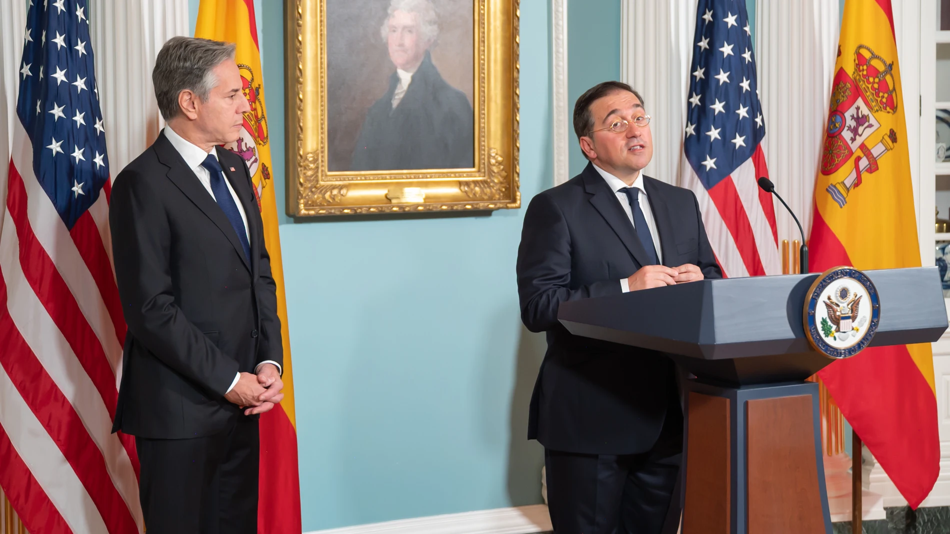 El ministro de Asuntos Exteriores, José Manuel Albares, y el secretario de Estado, Antony Blinken, en el Departamento de Estado MINISTERIO DE ASUNTOS EXTERIORES 10/05/2024