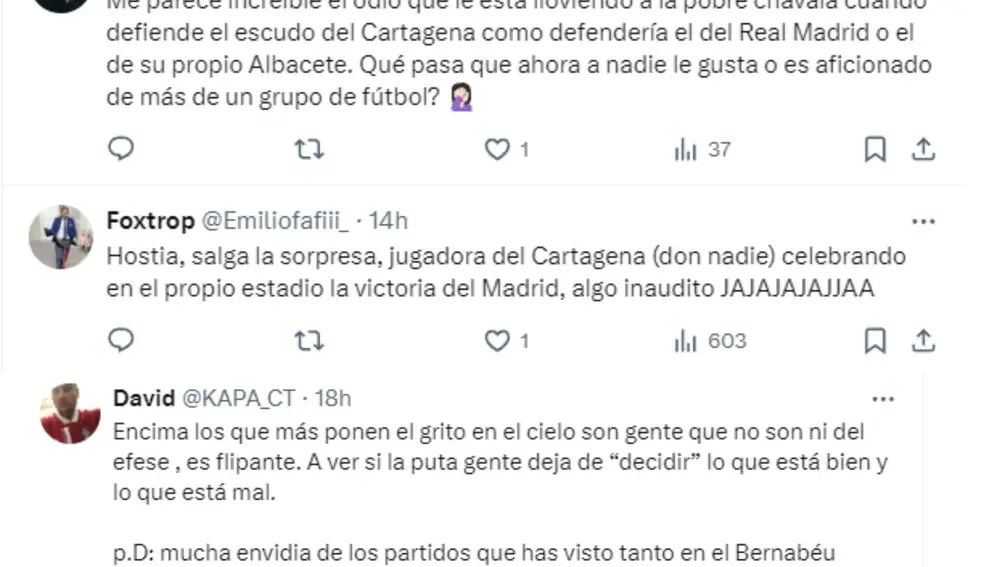 Capturas de comentarios defendiendo a la futbolista, Inma Muñoz