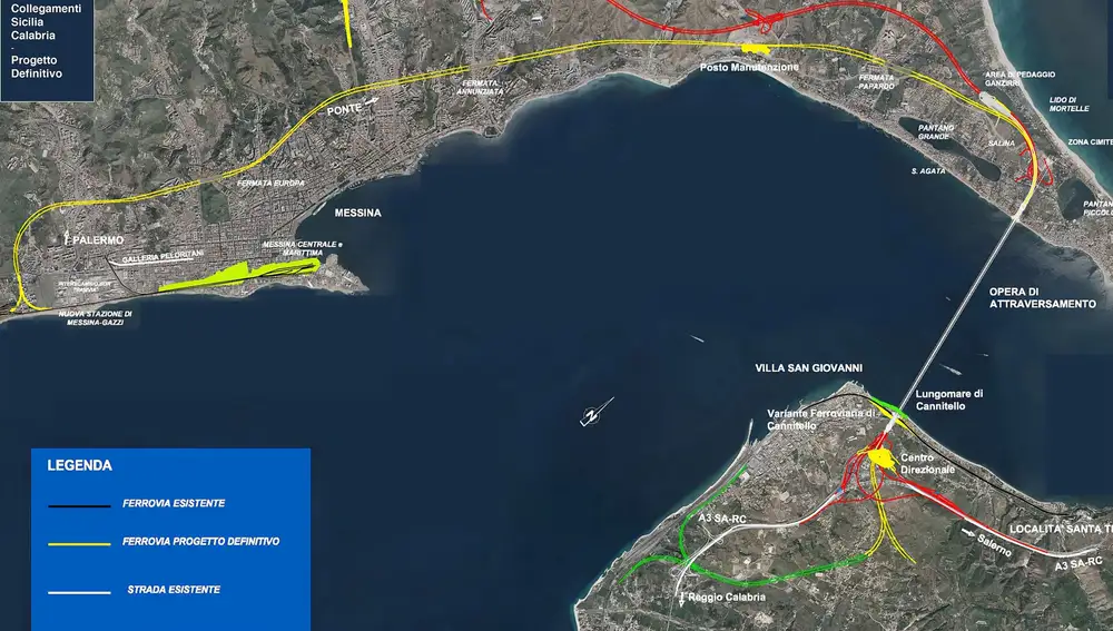 Plano del puente del estrecho y los accesos viales y ferroviarios