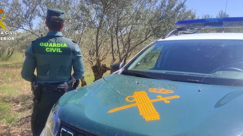 Agente de la Guardia Civil junto a su coche.