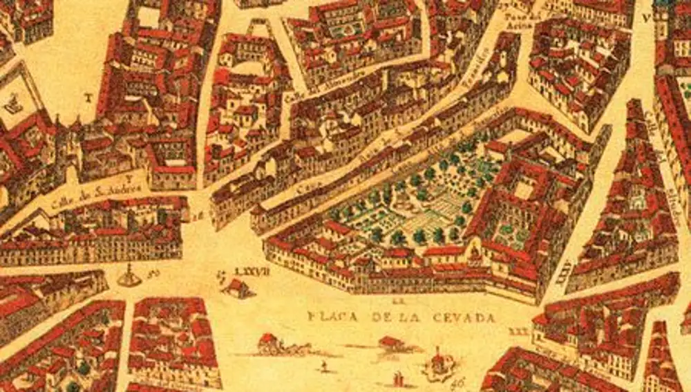 Plano de fuentes en Madrid en la plaza de la Cebada