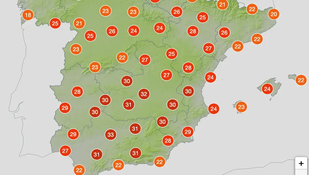Temperaturas del sábado a las 16:00 horas del sábado en España
