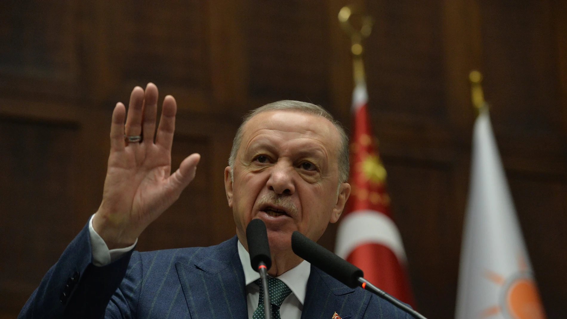 May 15, 2024, Ankara, Turkey: Turkish President and leader of the Justice and Development Party (AK Party) Recep Tayyip Erdogan delivers a speech during his partys parliamentary group meeting at the Turkish Grand National Assembly in Ankara on May 15; 2024. 15/05/2024
