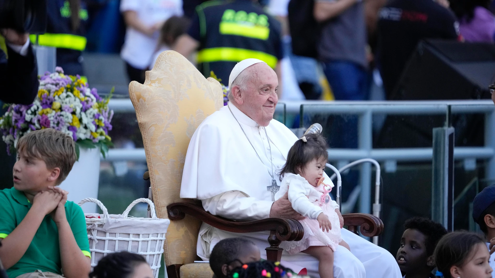 Pope Francis meets with children at Rome's Olympic stadium on Children World Day, Saturday, May 25, 2024. (AP Photo/Andrew Medichini)