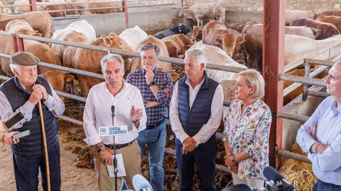Bendodo atiende a la prensa durante su visita a una finca de Valdeprados (Segovia) junto a Francisco Vázquez, José Mazarías y Paloma Sanz
