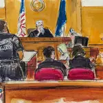 Dibujo en el que Donald Trump escucha la lectura del veredicto del jurado