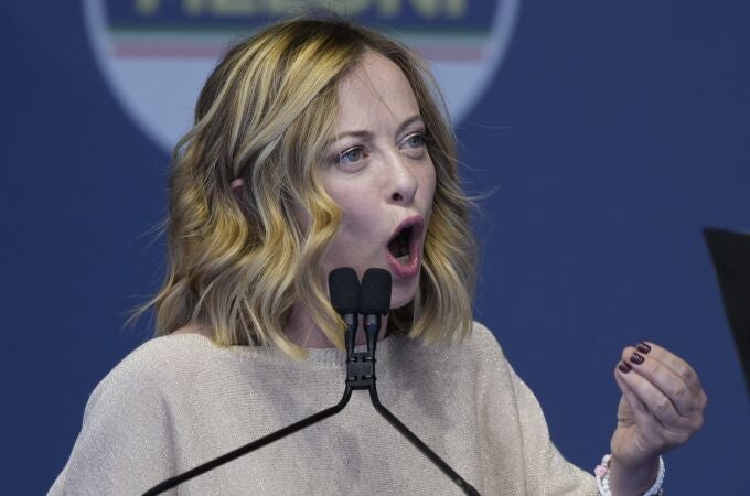 Italian Premier Giorgia Meloni delivers her speech during at an electoral rally ahead of the EU parliamentary elections that will take place in Italy on 8 and 9 June, in Rome, Saturday, June 1, 2024. 