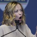 Italian Premier Giorgia Meloni delivers her speech during at an electoral rally ahead of the EU parliamentary elections that will take place in Italy on 8 and 9 June, in Rome, Saturday, June 1, 2024. 