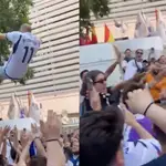 Captura del vídeo en el que un aficionado del Real Madrid se tira de espaldas y cae al suelo