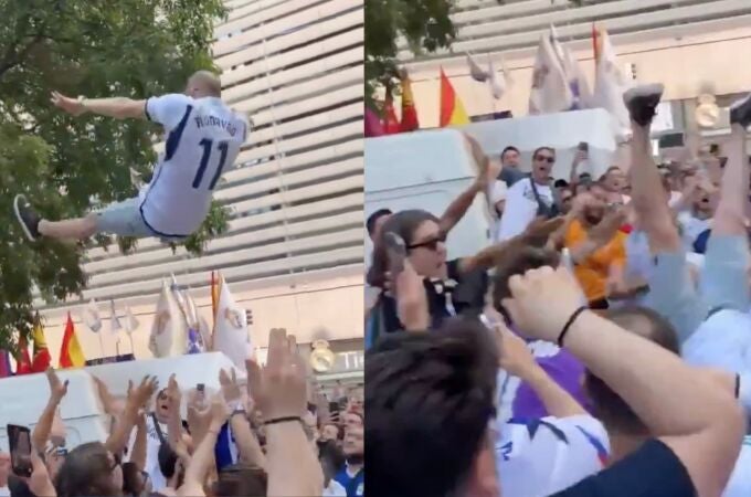 Captura del vídeo en el que un aficionado del Real Madrid se tira de espaldas y cae al suelo