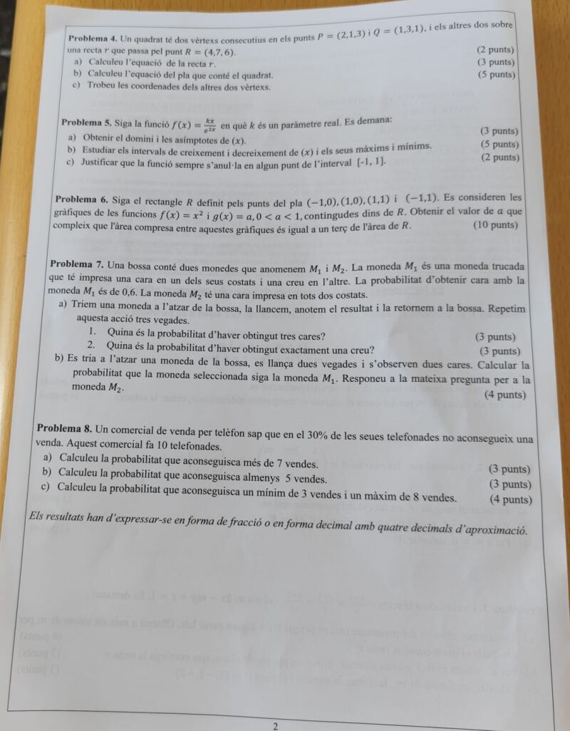 Examen Matemáticas II EBAU Valencia