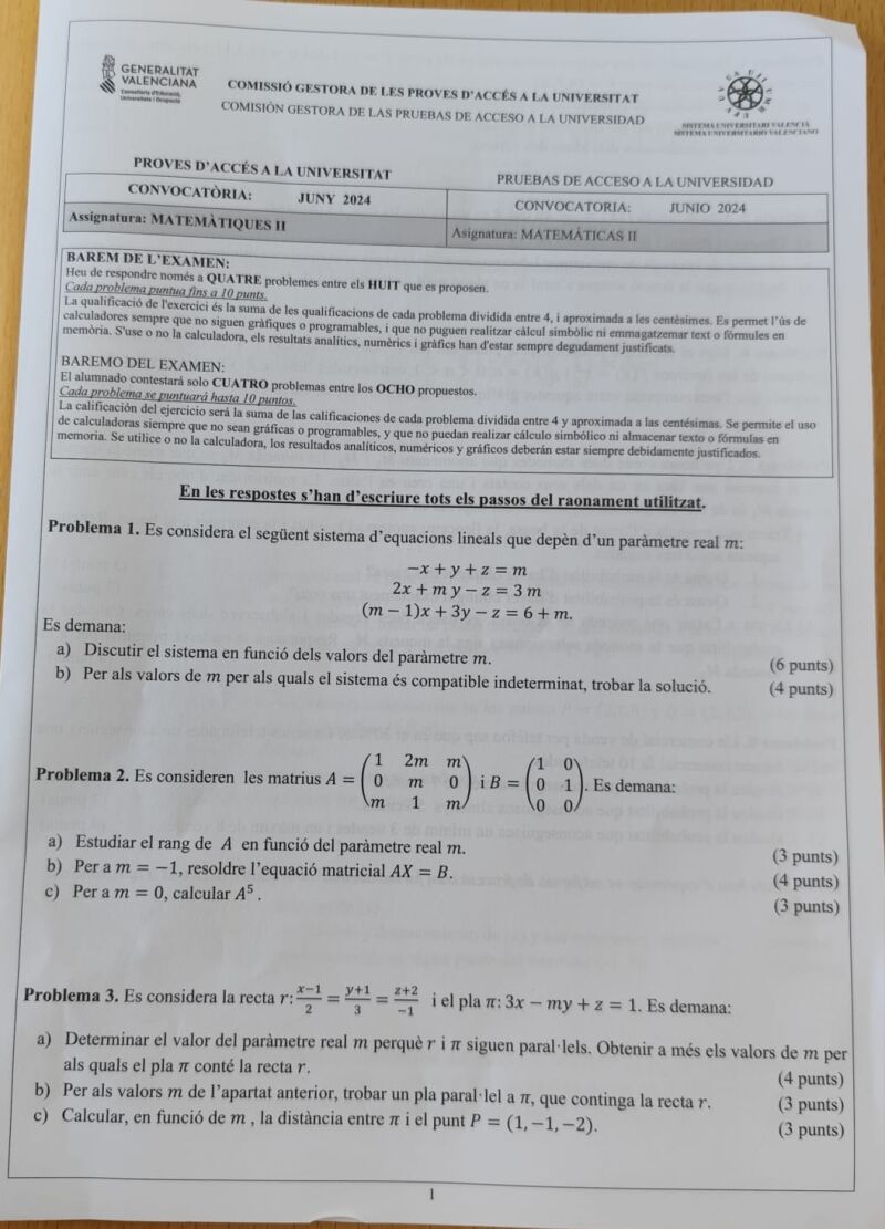 Examen Matemáticas II EBAU Valencia