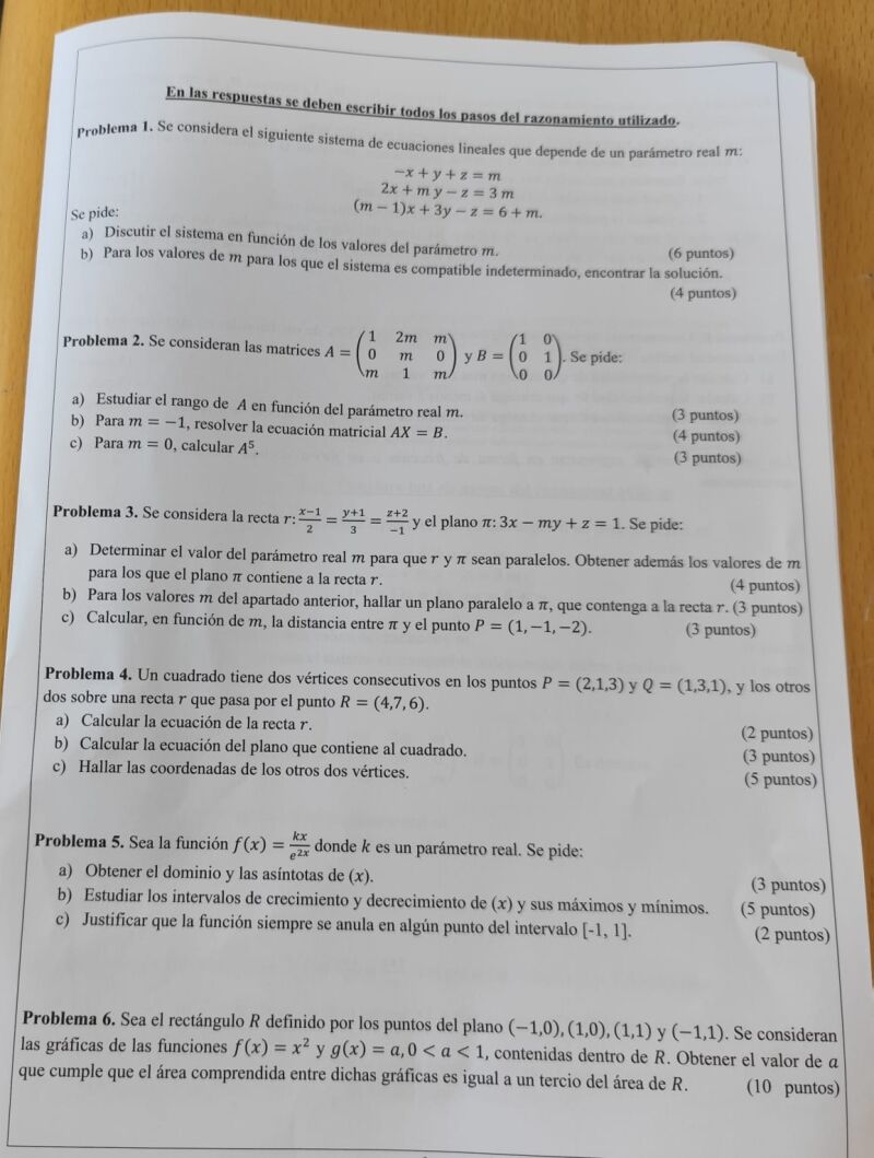 Examen Matemáticas II EBAU Valencia