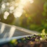 Una placa solar junto a un brote de una planta