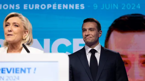 France's National Rally Marine Le Pen addresses supporters after the European elections