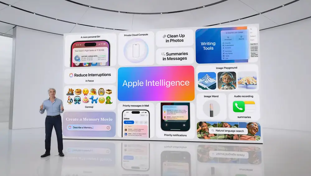 Craig Federighi, Vicepresidente sénior Ingeniería de software en Apple, presentando Apple Intelligence en el WWDC24.