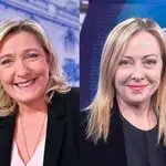 Giorgia Meloni (der.) aplaudió el triunfo de Marine Le Pen (izq.) en las elecciones europeas