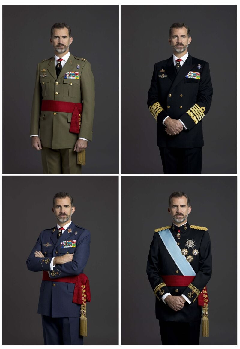  Combo de fotografías del Rey Felipe con, de izq. a dcha. y de arriba a abajo, el uniforme de diario para actos de especial relevancia de capitán general del Ejército de Tierra, el de capitán general de la Armada, el de diario para actos de especial relevancia de capitán general del Ejército del Aire, y el uniforme de gran etiqueta de capitán general del Ejército de Tierra