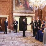 La dolencia que la reina Letizia (2d) sufre en su pie izquierdo, conocida como neuroma de Morton, le ha obligado a protagonizar una imagen insólita al participar sentada en el besamanos previo a la cena de gala ofrecida este miércoles por los reyes de los Países Bajos en el Palacio Real de Ámsterdam. 
