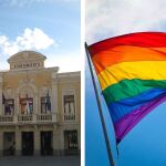 Imagen del Ayuntamiento de Guadalajara y otra imagen de una bandera LGBT