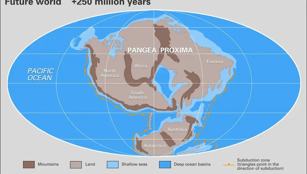 Mapa de Pangea Próxima que muestra cómo será la Tierra en 250 millones de años.