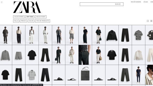 Vista de las prendas de ropa en modo cuadrícula en el sitio web de Zara