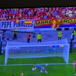 Una bandera de Pepe Pinreles, detrás de la portería en el Albania-España