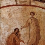 Pintura paleocristiana "Jesús y la hemorroísa", de las catacumbas de Marcelino y Pedro, en Roma