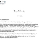 La carta de Biden en la que comunica su decisión de abandonar la carrera presidencial contra Trump