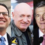 De izquierda a derecha: el gobernador de Pensilvania, Josh Shapiro, el senador de Arizona, Mark Kelly, y el gobernador de Carolina del Norte, Roy Cooper