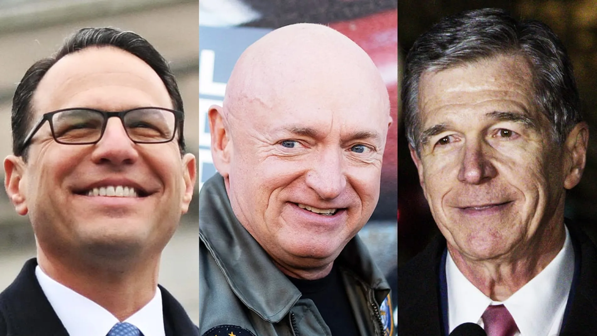 De izquierda a derecha: el gobernador de Pensilvania, Josh Shapiro, el senador de Arizona, Mark Kelly, y el gobernador de Carolina del Norte, Roy Cooper