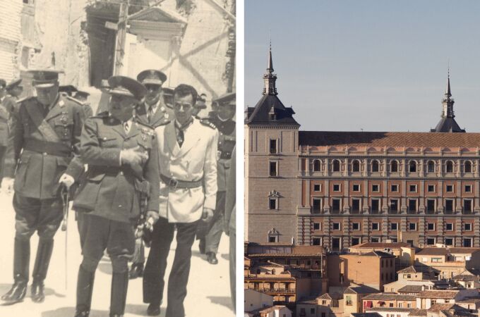 Francisco Franco y el general Moscardó en su visita a las ruinas del Alcázar de Toledo en el año 1954